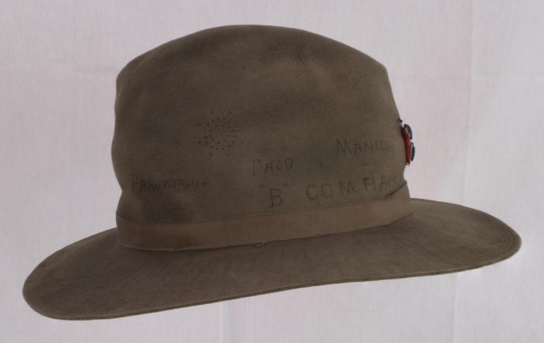 Right Side view of O.D. green fedora with crease, dent at top from the 1890s