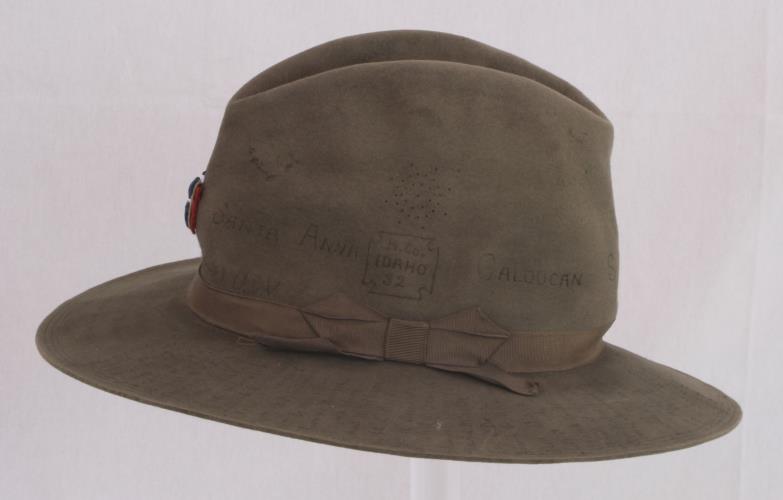 Left Side view of O.D. green fedora with crease, dent at top from the 1890s