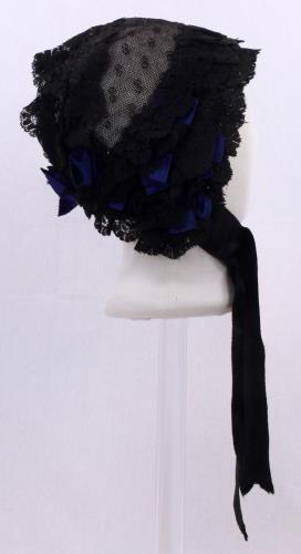 Right side view of a silk lace bonnet from the 1850s