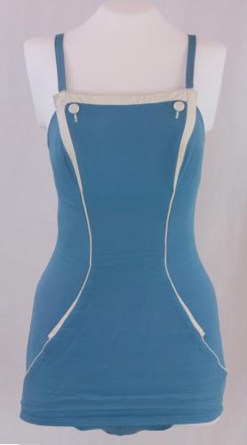 Front view of a small light blue bathing suit from the 1950s