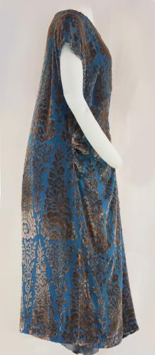 Right side view of a blue and taupe velvet gown from the 1920s