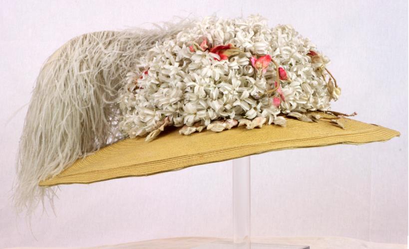 Right side view of a Straw Picture, or Merry Widow Hat from the 1910s
