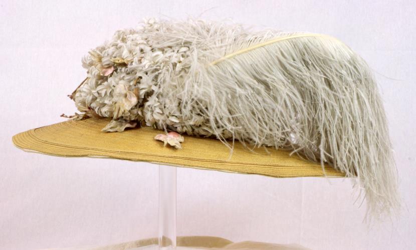Left side view of a Straw Picture, or Merry Widow Hat from the 1910s