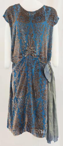 Front view of a blue and taupe velvet gown from the 1920s
