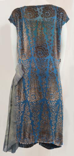 Back view of a blue and taupe velvet gown from the 1920s